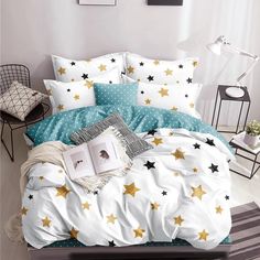Комплект постельного белья Mency House 2-х спальный 70х70 2Мх- Золотые звезды на белом