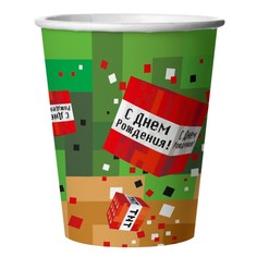 Стакан бумажный Пиксели. С днём рождения!, в наборе 6 штук No Brand