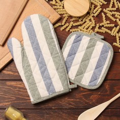 Доляна Набор кух.Доляна Полоса цв.син/зел, варежка-прих.28х17см, прихватка 17х17 50% п/э 5