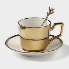 Кофейная пара керамическая «Золото», 3 предмета: чашка 200 мл, блюдце d=14 см, ложка h=12, No Brand