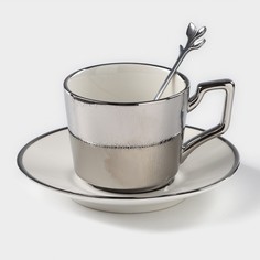 Кофейная пара керамическая «Серебро», 3 предмета: чашка 200 мл, блюдце d=14 см, ложка h=12 No Brand