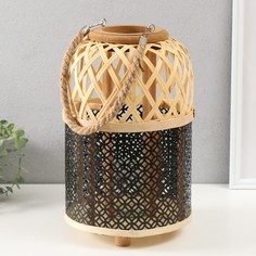 Подсвечник бамбук, металл "Фонарик. Сеточка" 31х21,5х21,5 см No Brand