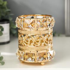 Подсвечник металл, стекло на 1 свечу "Кристаллы и цветы" золото 11,5х10х10 см No Brand