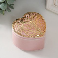Шкатулка керамика, металл "Сердце с листьями" розовая 9х8,5х7,2 см No Brand