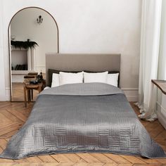 Покрывало, 220х240 см, стеганое, вельвет/микрофибра, серое, Квадраты, Stitch velvet Kuchenland