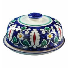 Масленка Шафран Риштанская роспись Цветы керамика синяя 13 х 13 х 8,5 см Shafran