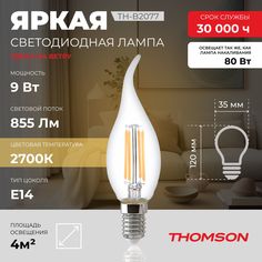 Лампочка светодиодная Thomson, TH-B2077, 9W, E14
