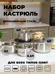 Набор кастрюль Webber нержавеющей сталь, 8 предметов, для всех плит 2,2л, 3л, 4л, 6л