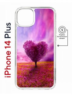 Чехол на iPhone 14 Plus MagSafe Kruche Print Pink heart противоударный с магнитом КruЧЕ