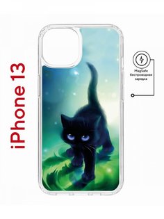 Чехол на iPhone 13 MagSafe с принтом Kruche Print Черный кот противоударный с магнитом КruЧЕ