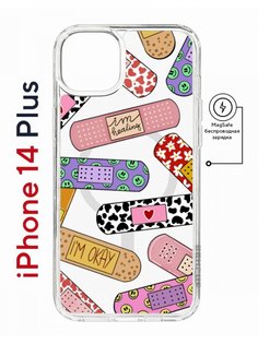 Чехол на iPhone 14 Plus MagSafe Kruche Print Милые пластыри противоударный с магнитом КruЧЕ