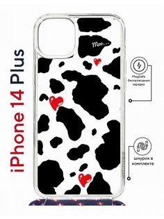 Чехол на iPhone 14 Plus MagSafe с принтом Kruche Print Корова с магнитом, со шнурком КruЧЕ