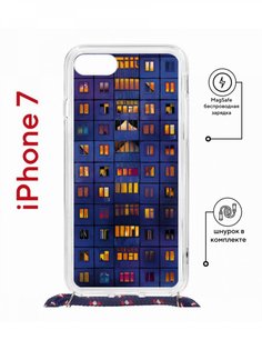 Чехол на iPhone 7/8/SE 2020,2022 MagSafe Kruche Print Ночные окна с магнитом, со шнурком КruЧЕ