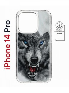 Чехол на iPhone 14 Pro MagSafe с принтом Kruche Print Волк противоударный с магнитом КruЧЕ