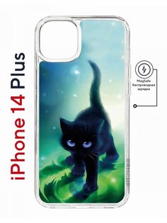 Чехол на iPhone 14 Plus MagSafe Kruche Print Черный кот противоударный с магнитом КruЧЕ