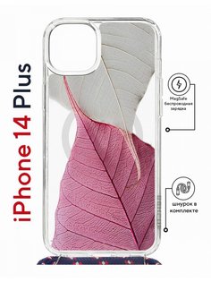 Чехол на iPhone 14 Plus MagSafe Kruche Print Pink and white с магнитом, со шнурком КruЧЕ