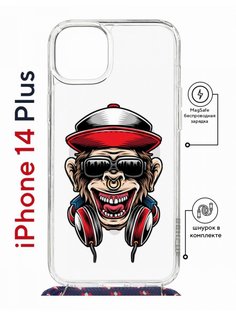 Чехол на iPhone 14 Plus MagSafe Kruche Print Обезьяна с наушниками с магнитом, со шнурком КruЧЕ