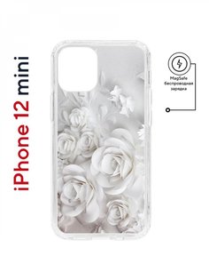 Чехол на iPhone 12 mini MagSafe Kruche Print White roses противоударный с магнитом КruЧЕ