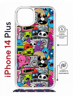 Чехол на iPhone 14 Plus MagSafe Kruche Print Monsters music с магнитом, со шнурком КruЧЕ