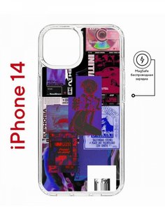 Чехол на iPhone 14 MagSafe Kruche Print Стикеры Киберпанк противоударный с магнитом КruЧЕ