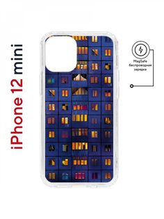 Чехол на iPhone 12 mini MagSafe Kruche Print Ночные окна противоударный с магнитом КruЧЕ