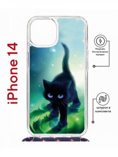 Чехол на iPhone 14 MagSafe с принтом Kruche Print Черный кот с магнитом, со шнурком КruЧЕ