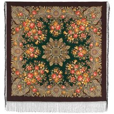Платок Павловопосадская платочная мануфактура,135х135 см, коричневый, зеленый
