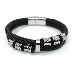 Жесткий браслет Handinsilver ( Посеребриручку ) Браслет мужской кожаный, металл, 1 шт., размер 25 см, серебристый