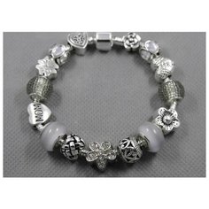 Браслет-цепочка Handinsilver ( Посеребриручку ) Браслет с шармами на основе из бижутерной стали, муранское стекло, стразы, стекло, 1 шт., размер 19 см, серый