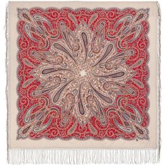 Платок Павловопосадская платочная мануфактура,135х135 см, красный, бежевый