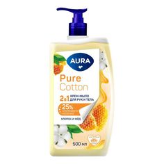Туалетное крем-мыло жидкое Aura Pure Cotton 2 в 1 для рук и тела Хлопок и Мед 500 мл
