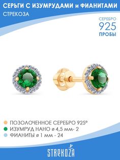 Серьги пусеты из серебра STREKOZA С-24и, изумруд искусственный/фианит
