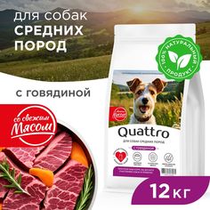Сухой корм для собак QUATTRO, Для взрослых, Средние породы премиум, говядина, 12 кг