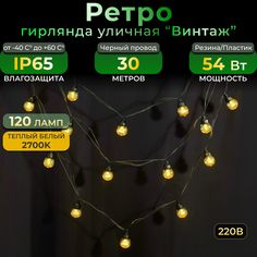 Гирлянда ретро TEAMPROF 30 м, 120 ламп, теплый белый, черный провод, IP65, 220в Familyled