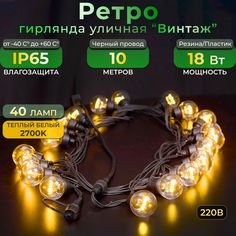 Гирлянда ретро TEAMPROF 10 м, 40 ламп, теплый белый, черный провод, IP65, 220в Familyled