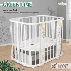 Кроватка трансформер Indigo Green Line 5в1 с маятником, массив березы, цветы