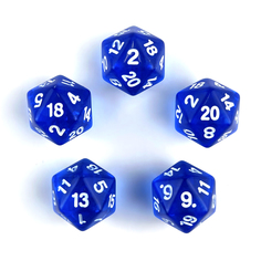 Кубик двадцатигранный Zodiac синий прозрачный D20 для настольных и ролевых игр, набор 5 шт