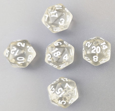 Кубик двадцатигранный Zodiac белый прозрачный D20 для настольных и ролевых игр, 5 шт