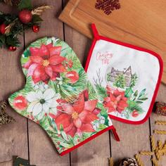 Набор кухонный Christmas red flowers варежка-прихватка 20х28см, прихватка 19х19см,100%хл No Brand