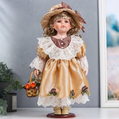 Кукла коллекционная керамика "Вика в золотистом платье с корзиной цветов" 40 см No Brand