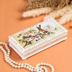Шкатулка - купюрница «Птица на ветке», белая, 8,5x17 см, лаковая миниатюра No Brand