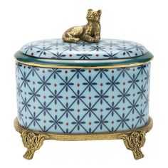 Шкатулка Glasar с кошечкой овальная на ножкаx 13x9x12 см голубая ГЛАСАР