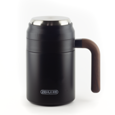Термокружка ZEHUI для чая и кофе 500 мл черная с деревянной ручкой нержавеющая сталь