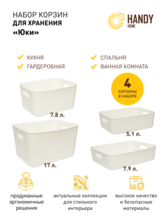 Набор из 4-х корзин пластиковых для хранения Юки Handy Home белый SET4