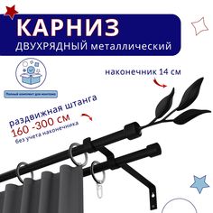 Карниз металлический двухрядный раздвижной 160-300 см, Ива, черный No Brand