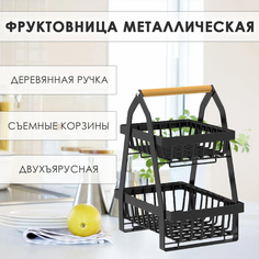 Корзина BashExpo для хранения двухъярусная, металлическая фруктовница черная