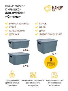 Корзина для хранения Handy Home с крышкой набор 3 шт синяя
