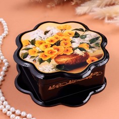 Шкатулка Анютины глазки с сиренью, 9938679, черная, 16 х 16 см, лаковая миниатюра No Brand