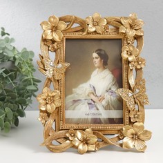 Фоторамка полистоун Цветочная нежность, 9912879, 10х15 см, золото No Brand