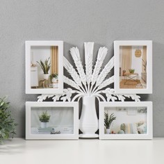 Фоторамка пластик на 4 фото 10х15 Ваза с колосками белая 41,5х32,2х2,5 см No Brand